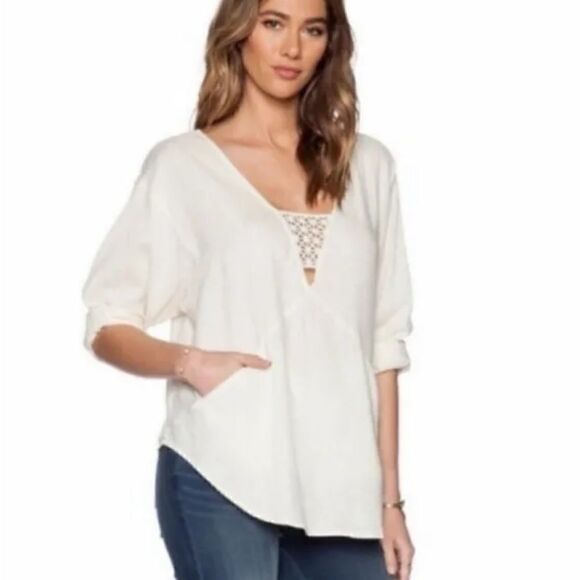 FREE PEOPLE Just Cruisin Linen Blend Top Pockets Crochet Deep V Ivory Women’s XS - Picture 3 of 8